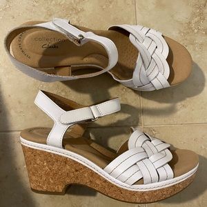 Clarks Women’s sandals size 7.5 white leather cork wedge heel